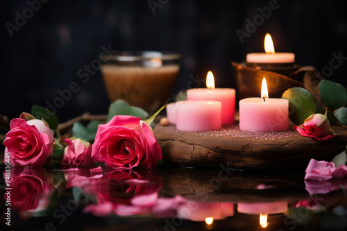 Aromatic candle on water with flowers. Relaxation concept