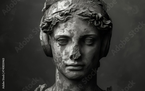 Music vibe. Antique statue bust in headphones.