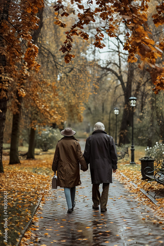 senior older couple walking and relaxing in autumn park by lake or river water, love and romance of retired man and woman 
