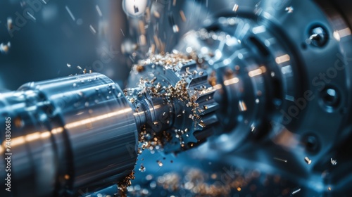 Close-up of a CNC lathe machine precision metalworking, with metal shavings and sparks, emphasizing modern manufacturing processes. photo