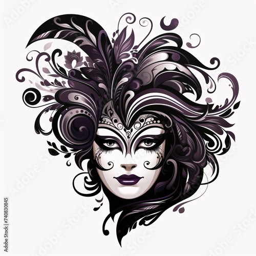 Black and white mask of a woman with rich carnival decorations on white isolated background. Carnival outfits, masks and decorations.