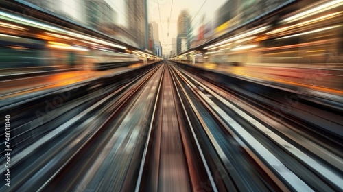 A dynamic and blurred perspective of city railway tracks, conveying a sense of high speed and urban movement.
