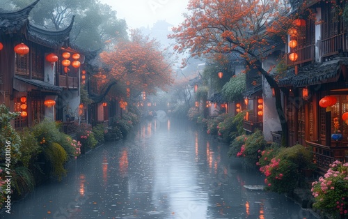 The ancient city, Chinese traditional buildings on the old street with rainy weather.  photo