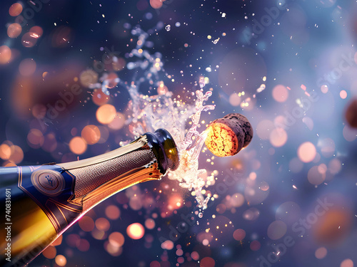 Champagne explosion with flying cork closure, opening champagne bottle closeup, celebration theme. © ctrlaplus