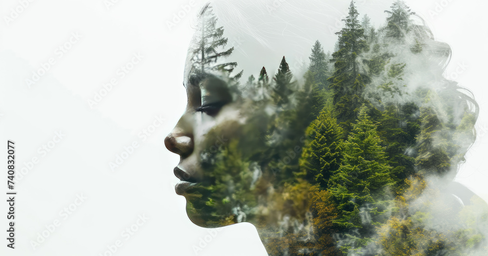 Woman Merging with Tranquil Forest
