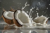 Coconut milk bursting out from a cracked open coconut. Concept Food Photography, Coconut Milk, Tropical Ingredients, Fresh Produce, Exotic Fruits