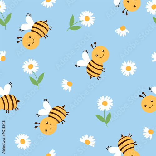 Cute hand drawn spring summer flower bees honey Bright pattern fabric cloth wallpaper wrap paper.