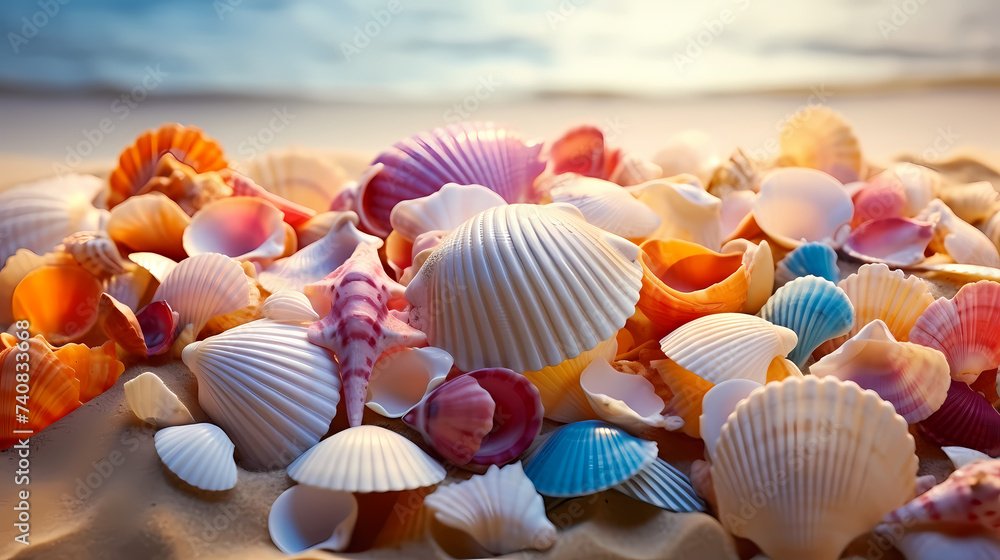 The summer theme is a variety of colorful seashells The summer theme is a variety of colorful seashells