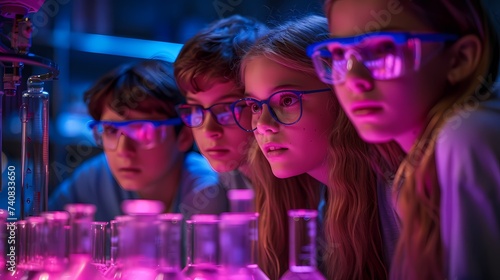 A group of kids enthusiastically participating in a science experiment, faces glowing with excitement as they discover something new