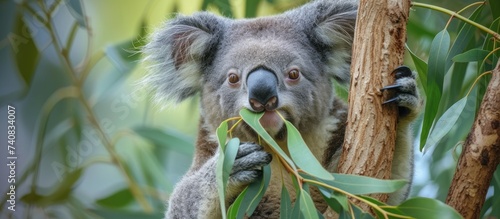 Adorable koala bear eating eucalyptus leaf on lush tree branch in natural habitat