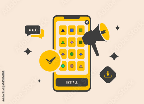 Playable ads concept. Interactive marketing, app demos, try before you buy, in-app experience mobile advertising, interactive advertising and promo games. Vector isolated illustration