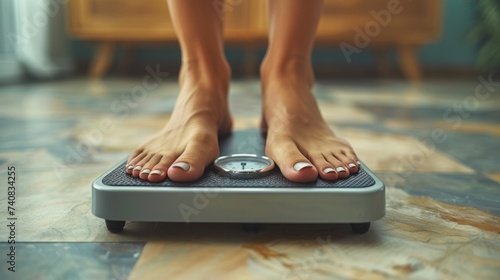 Close-up image of a woman's legs standing on a floor scale, indicating the measurement and monitoring of weight for a healthy lifestyle. Concept of fitness, weight management, and well-being.