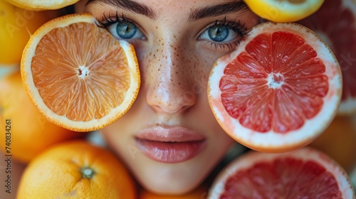 Beautiful young woman enjoying a rejuvenating fruit facial mask with slices on her face  embracing a natural skin care routine for a fresh and healthy complexion.