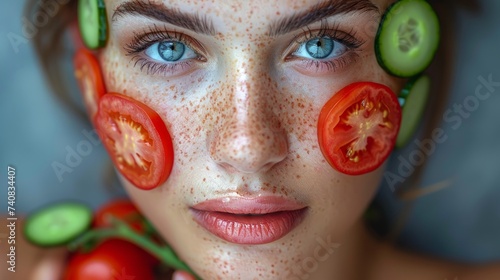 A woman with slices of tomatoes placed on her face as part of a skincare routine or facial treatment.