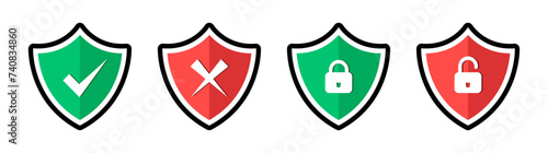 Security and protection shield set with tick lock and unlock symbol for antivirus icon in green and red color on white background - Vector Icon