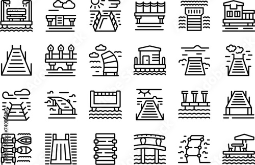 Wooden pier icons set outline vector. River water barrel. Dock canoe pond