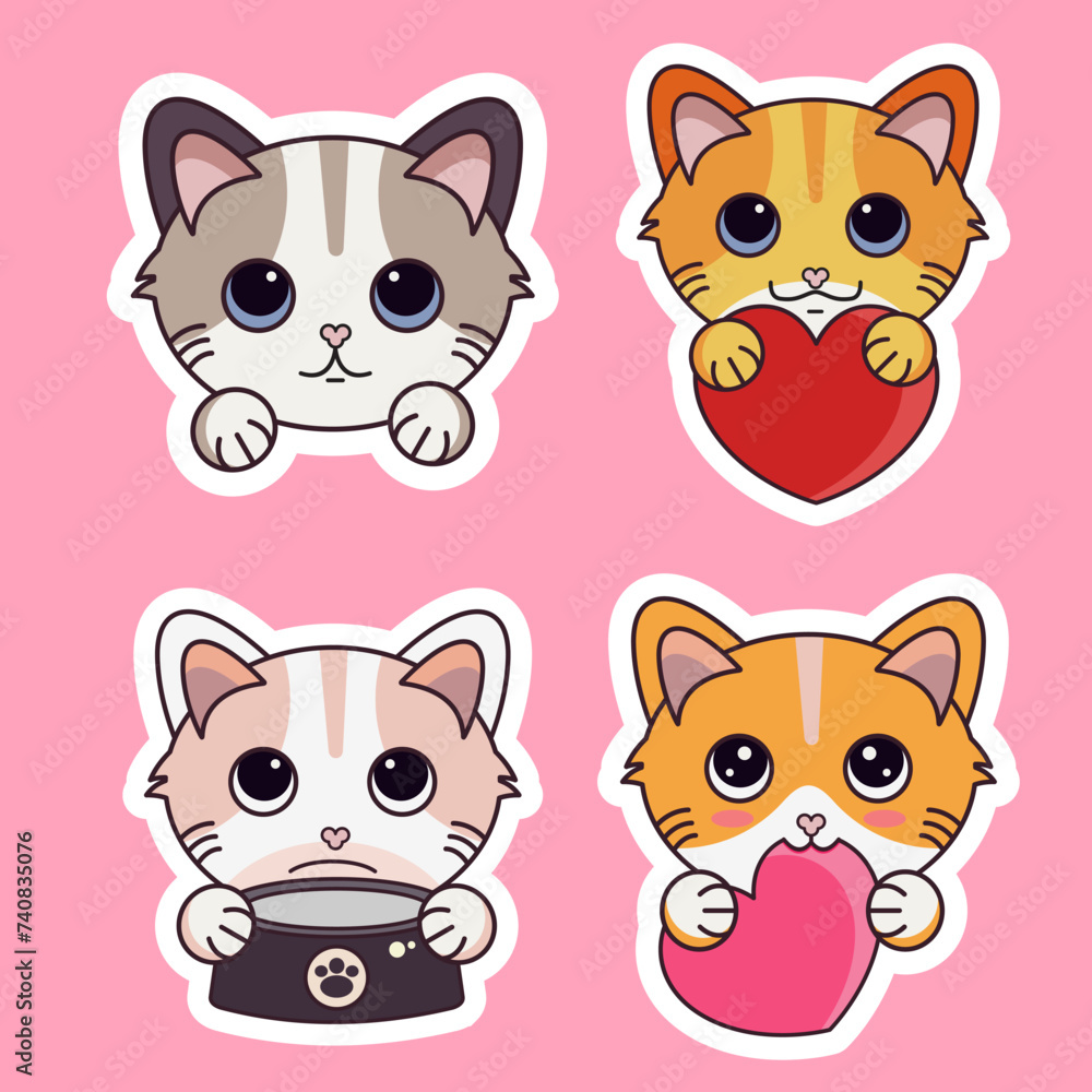 Vector illustration of a sticker pack of cartoon kawii cat heads, with various cute expressions perfect for stickers, labels, etc Vector illustration of a sticker pack of cartoon kawii cat heads, with various cute expressions perfect for stickers, labels, etc