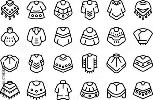 Poncho fashion icons set outline vector. Mexican party clothes. Mexico travel holiday