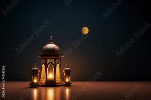 Islamic decoration background with lantern and crescent moon luxury style, ramadan kareem, mawlid, iftar, isra miraj, eid al fitr adha, muharram, copy space text area, 3D illustration - generative ai