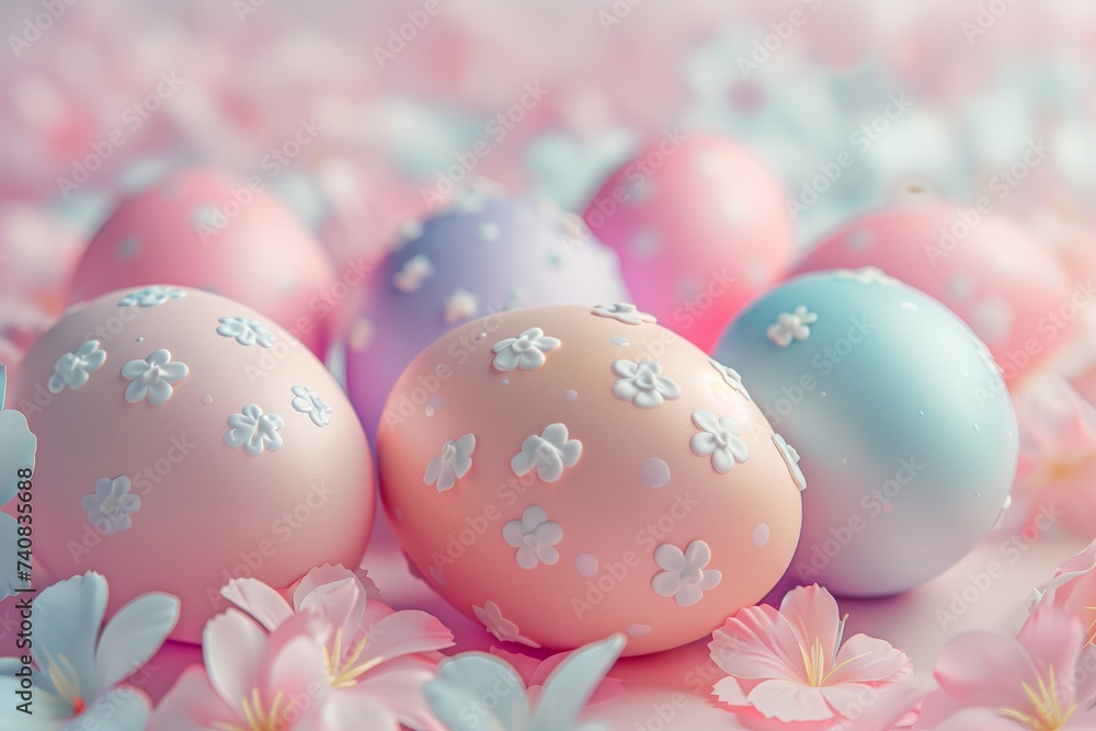 Easter poster and banner template with Easter eggs and spring blossom flowers on a soft rose background. Selective focus. Layout design for invitation, card, menu, flyer, banner, poster, voucher.