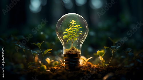 Illuminated Plant in Light Bulb with Nature Blur