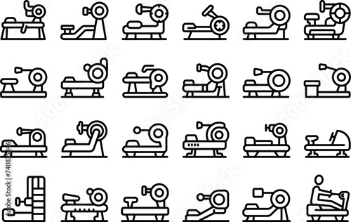 Rowing machine icons set outline vector. Exercise active gym. Workout fitness