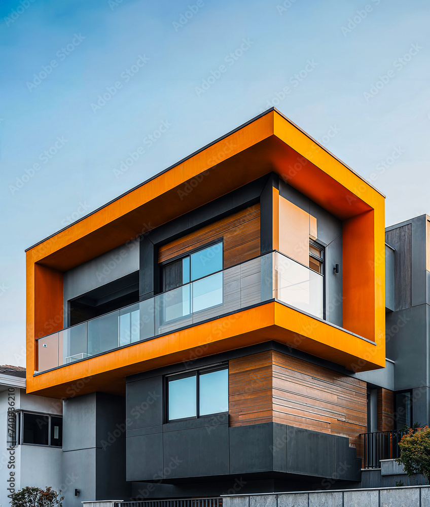 Modern orange and grey condominium in a city