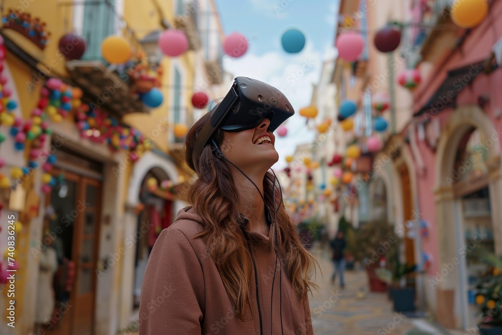 A woman wearing a virtual headset in a vibrant festival on a street.