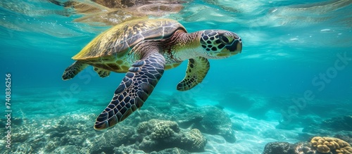Majestic sea turtle swimming gracefully in the crystal clear ocean waters