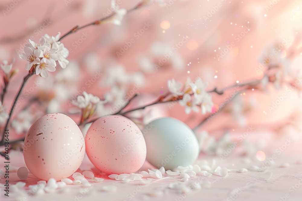 Easter poster and banner template with Easter eggs and spring blossom flowers on a soft rose background. Selective focus. Layout design for invitation, card, menu, flyer, banner, poster, voucher.