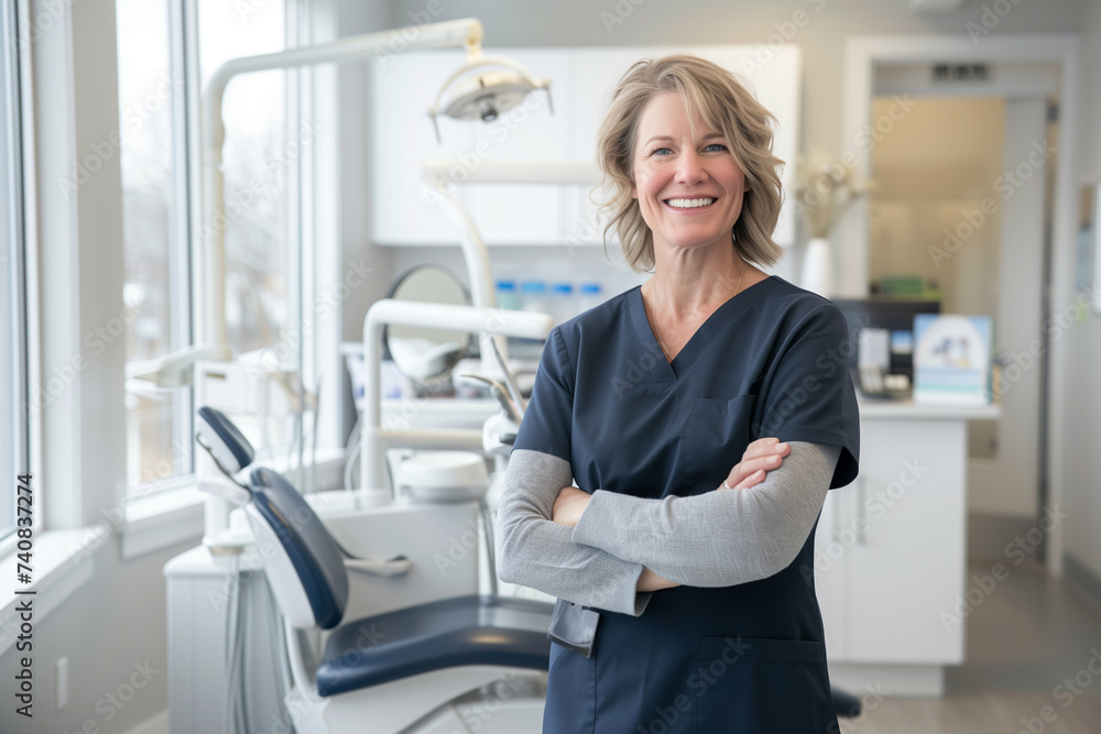 Portrait of dentist woman smiling while standing in dental clinic. Dentistry, occupation concept Portrait of dentist woman smiling while standing in dental clinic. Dentistry, occupation concept