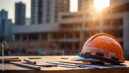 Construction safety helmet, construction site photo