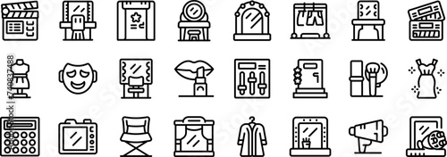 Backstage theater room icons set outline vector. Makeup dressing table. Mirror hanger photo