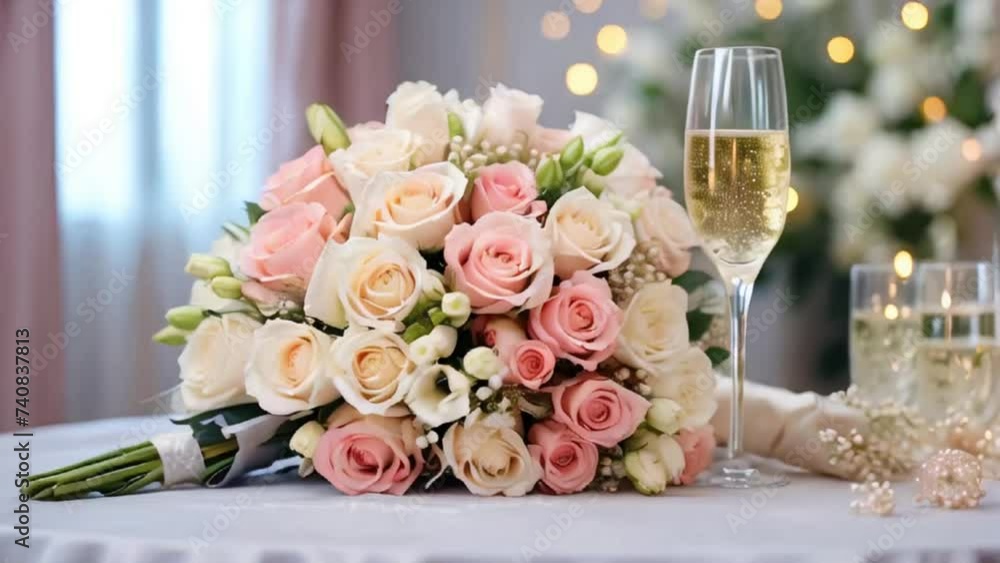 bouquet of flowers, glass of champagne, wedding bouquet of flowers, glass of champagne, wedding