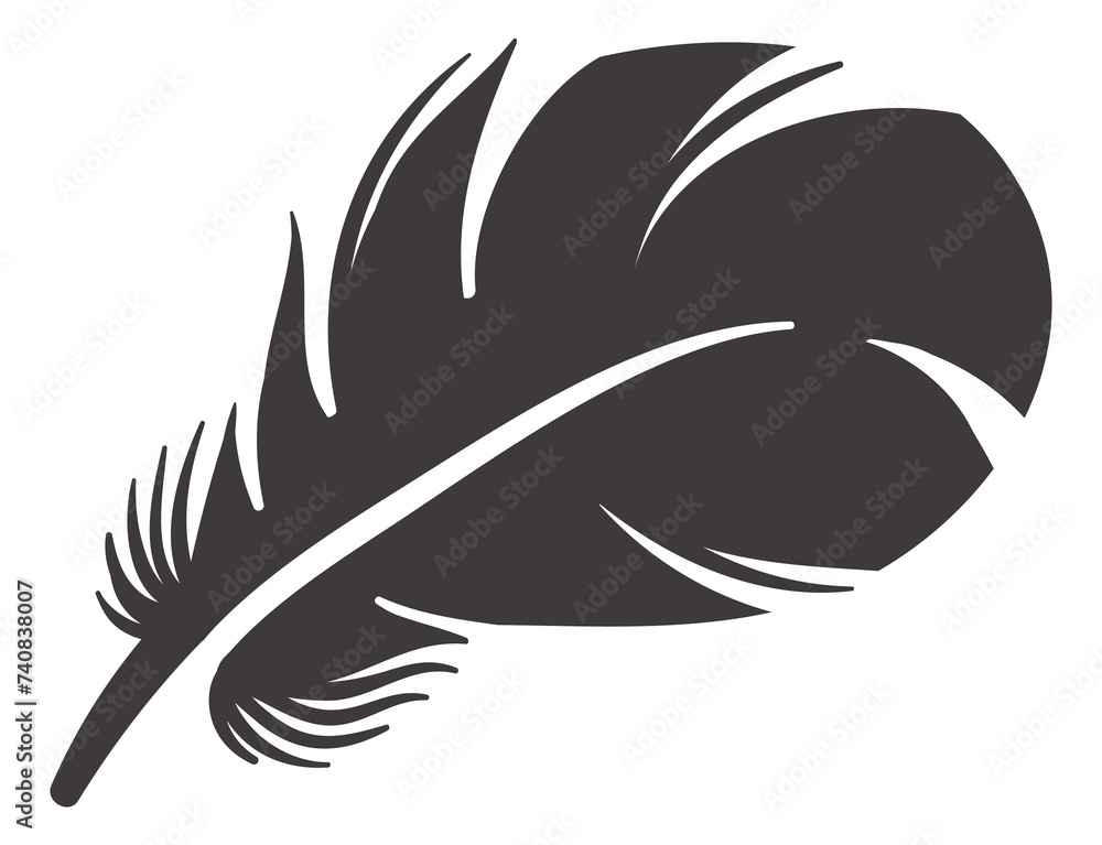 Fototapeta premium Curved fluffy feather. Bird quill black silhouette