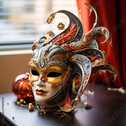 Carnival mask with rich gold colored decorations on the table top. Carnival outfits, masks and decorations.