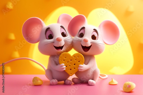 3D illustration of a character, little mice in love holding cheese with their paws on both sides, the illustration was created in the form of a postcard. To congratulate you on holidays and anniversar photo