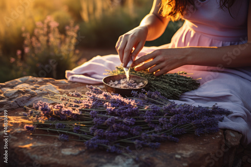 woman collecting lavender flowers for essential oil, lavender harvesting, making essential oil, Generative AI photo