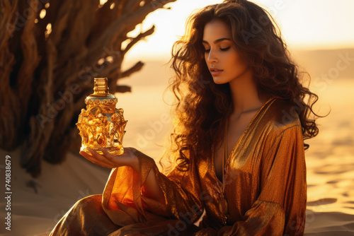 woman holding fancy glass golden perfume bottle in desert, wood resin natural cosmetics, Generative AI