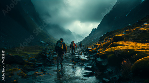 a group of explores hiking on a mountain path in a cloudy day 