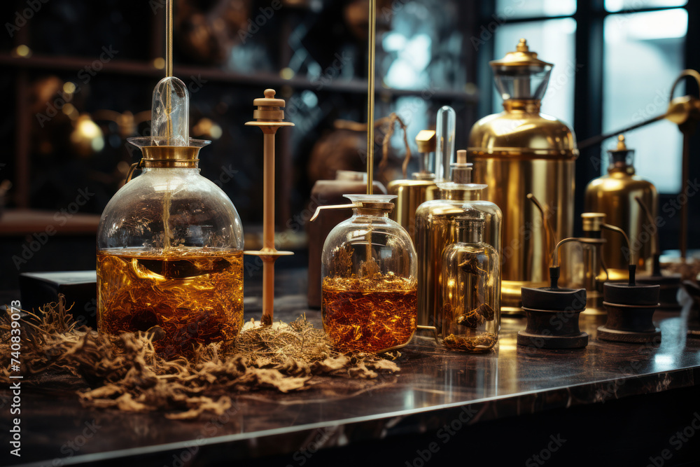 old perfume laboratory apothecary with flask ingredients wood resin herbs, Generative AI