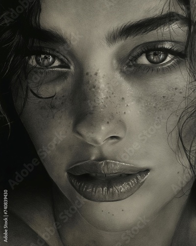 Closeup of smirking woman in style of charcoal drawing, AI-generative photo