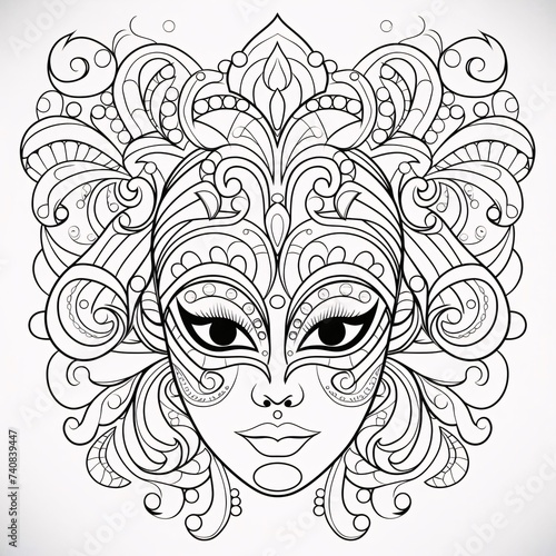 Black and white coloring sheet, carnival mask with rich decorations. Carnival outfits, masks and decorations.