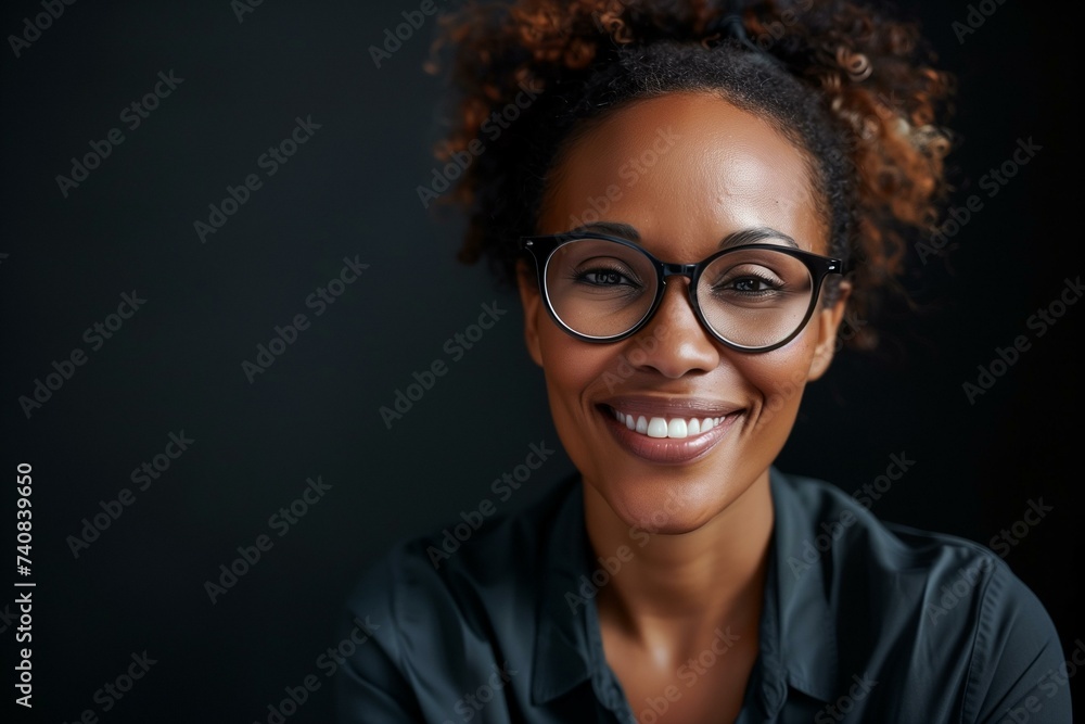portrait of a black 40 years businesswoman smiling at the camera on black background with copy space portrait of a black 40 years businesswoman smiling at the camera on black background with copy space