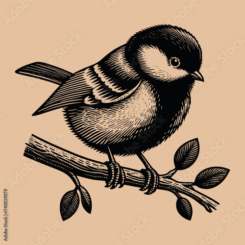 Tit bird. Vintage engraving illustration. Black lines. isolated object. Logo emblem