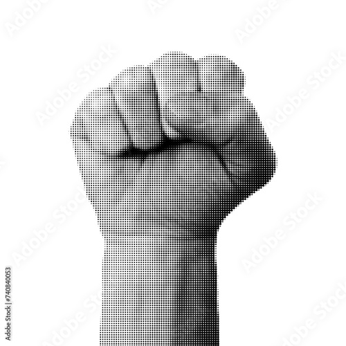 Dotted halftone clenched fist. Retro halftone effect. Vector illustration