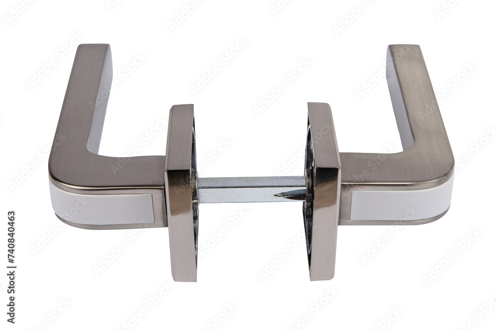 Fototapeta premium Door handle made of metal on an isolated white background. Reliable design handle for the door of houses, apartments, warehouses, offices and other premises.