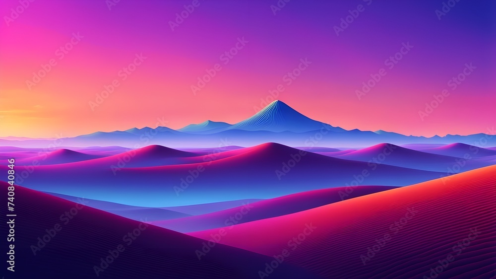 minimalist landscape, smooth gradients, a single focal point, vibrant color, abstract background, purple, magenta, retro background, neon landscape background, wallpaper