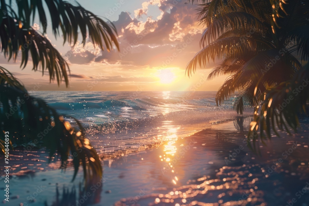 At sunset, a tropical island beach transforms into a breathtaking and idyllic scene, captivating with its beauty and tranquility