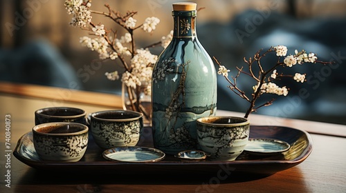 A traditional Japanese sake set with cups and bottle